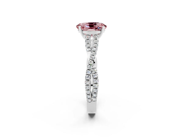 Platinum Oval Cut Morganite Solitaire Engagement Ring with Twisted Pavé Band and Four-Prong Setting