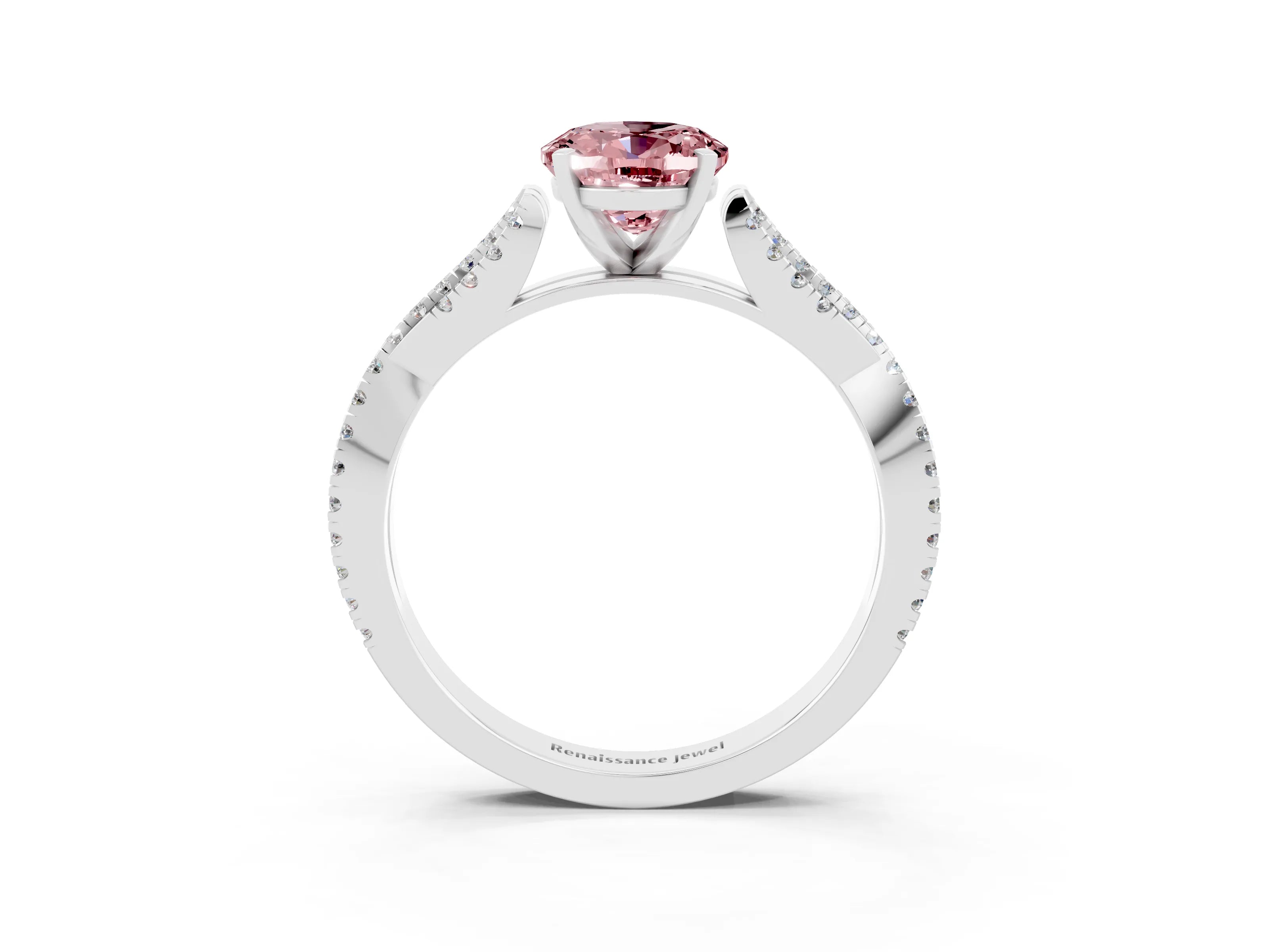 White gold Oval Cut Morganite Solitaire Engagement Ring with Twisted Pavé Band and Four-Prong Setting_3