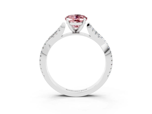 Silver Oval Cut Morganite Solitaire Engagement Ring with Twisted Pavé Band and Four-Prong Setting