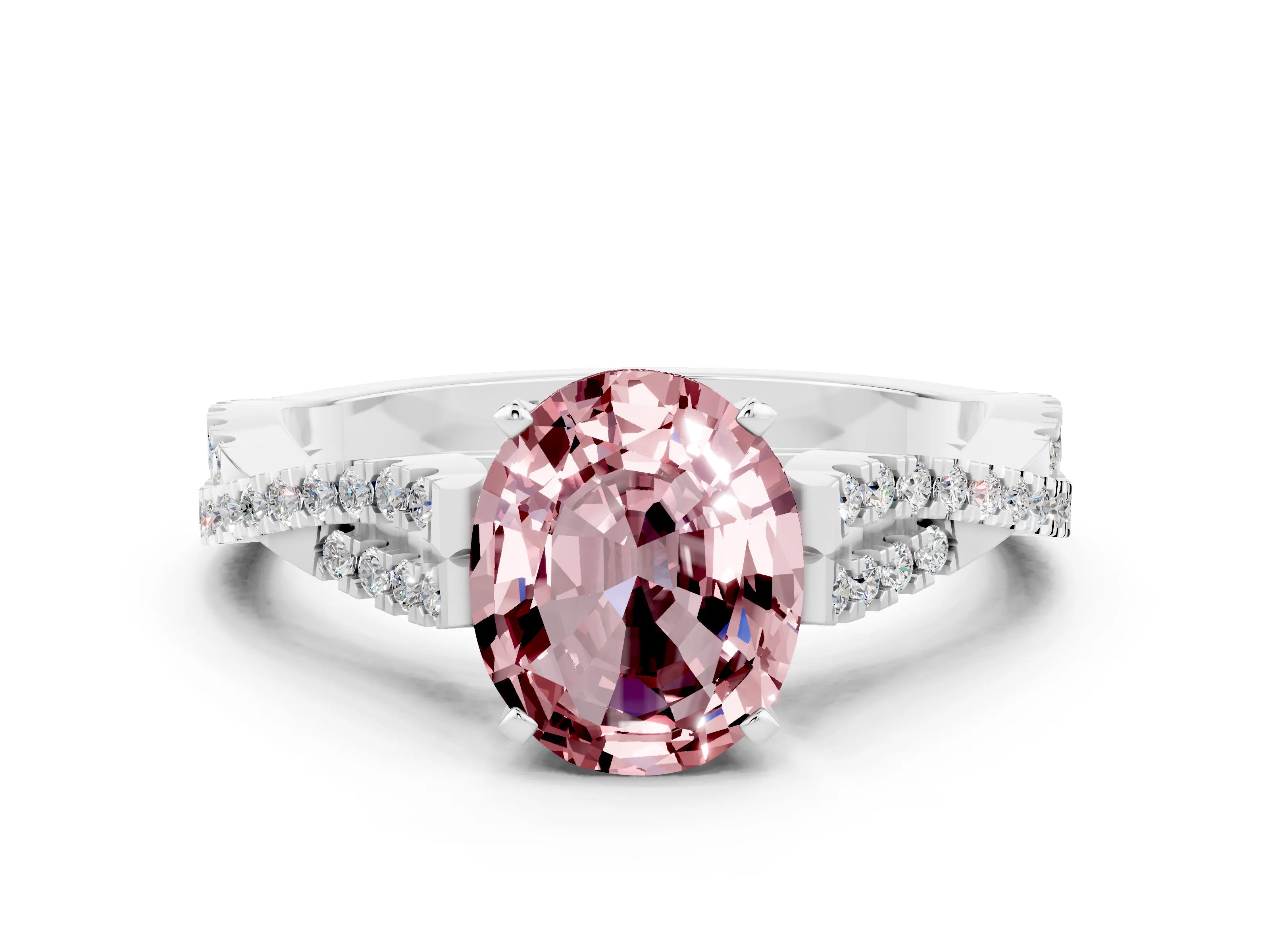 White gold Oval Cut Morganite Solitaire Engagement Ring with Twisted Pavé Band and Four-Prong Setting