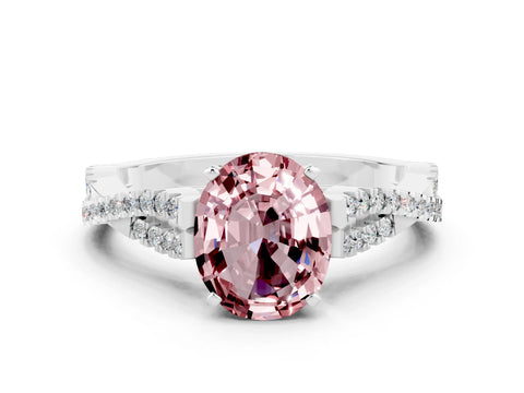 White gold Oval Cut Morganite Solitaire Engagement Ring with Twisted Pavé Band and Four-Prong Setting