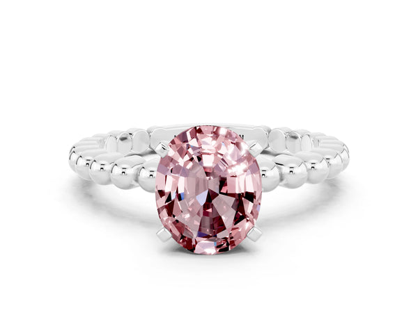 Silver Oval Cut Morganite Solitaire Ring with Beaded Band and Prong Setting