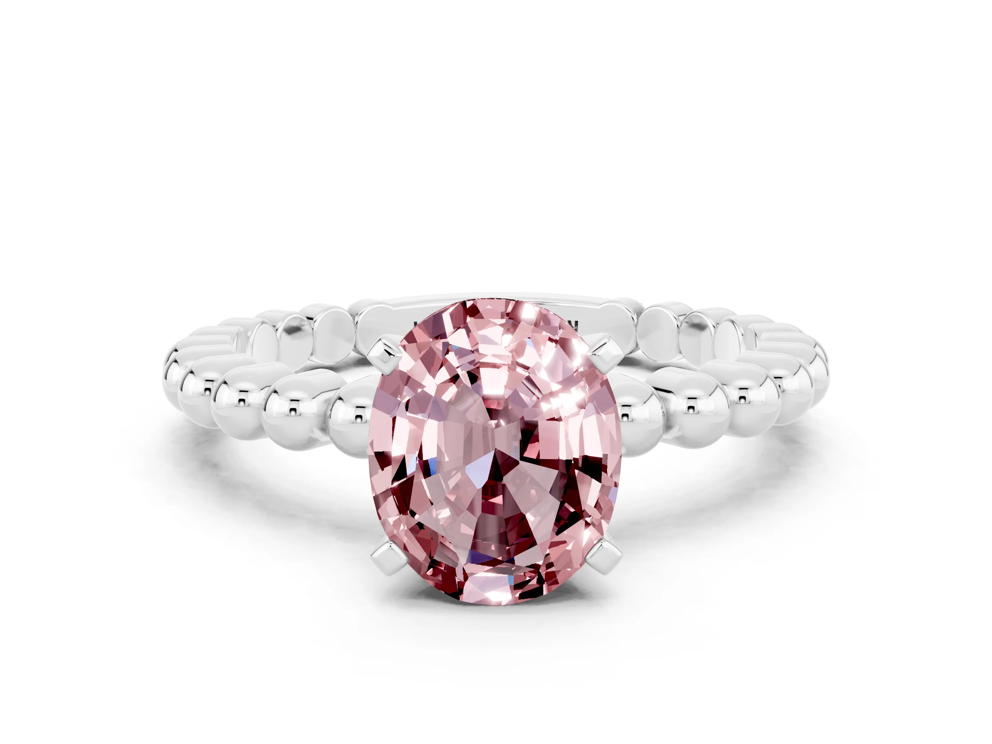 White gold Oval Cut Morganite Solitaire Ring with Beaded Band and Prong Setting_12