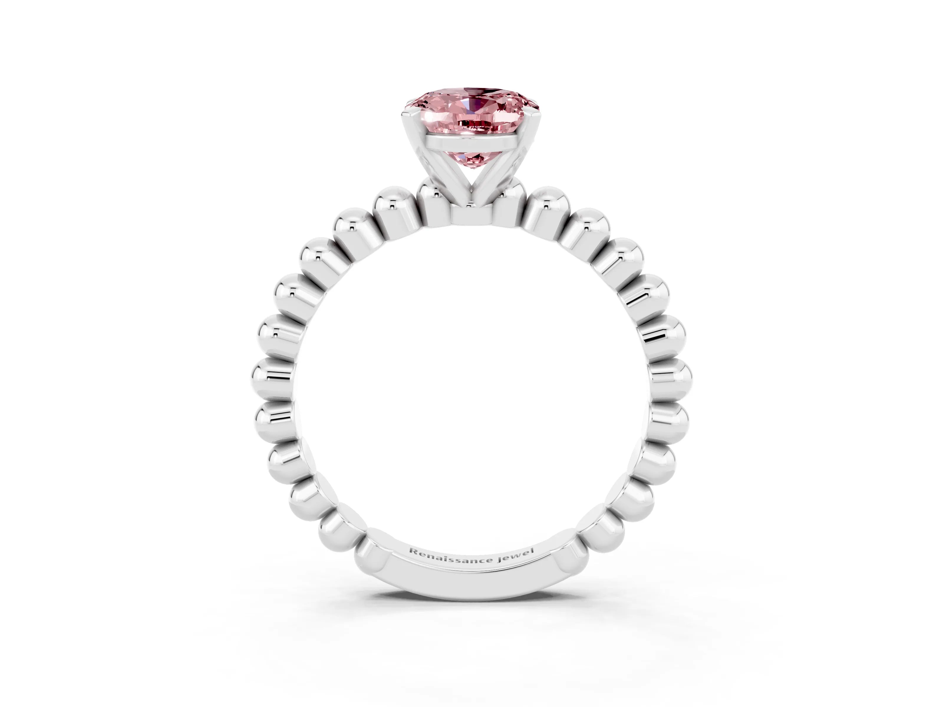 White gold Oval Cut Morganite Solitaire Ring with Beaded Band and Prong Setting_15