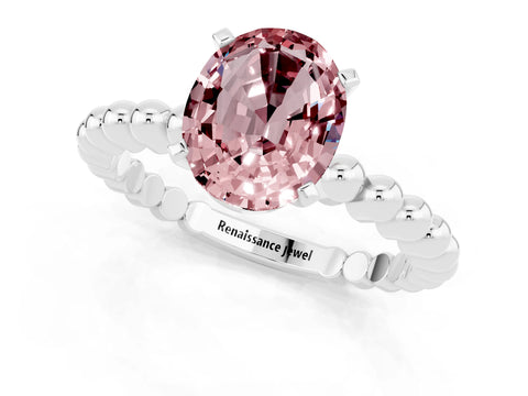 White gold Oval Cut Morganite Solitaire Ring with Beaded Band and Prong Setting_1