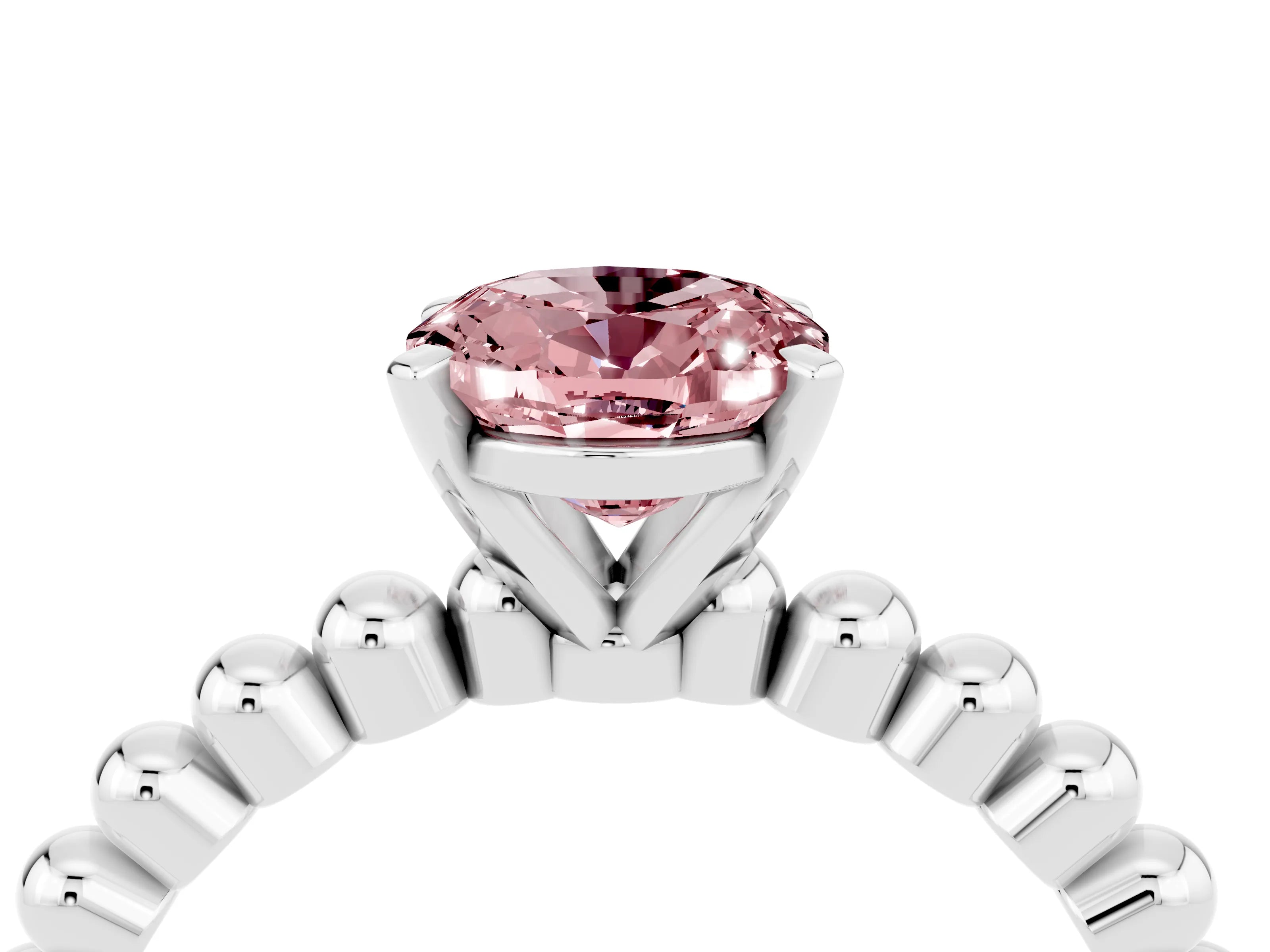 White gold Oval Cut Morganite Solitaire Ring with Beaded Band and Prong Setting_4