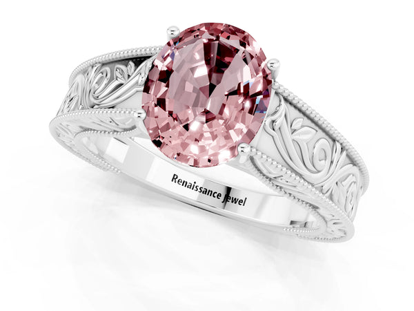 White gold Oval Cut Morganite Solitaire Ring with Engraved Band and Four-Prong Setting