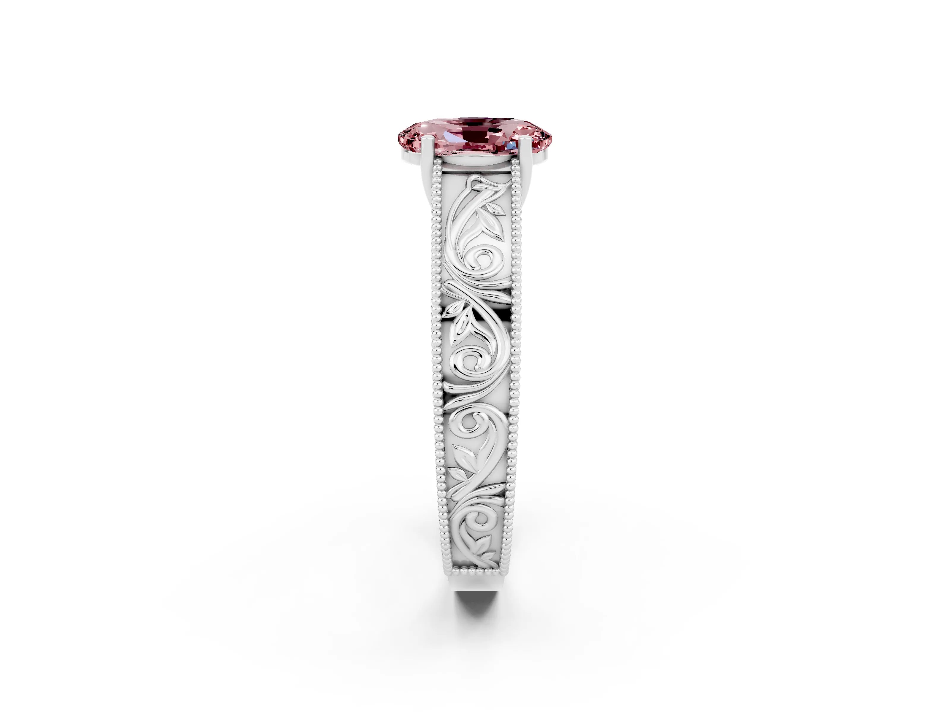 White gold Oval Cut Morganite Solitaire Ring with Engraved Band and Four-Prong Setting_2