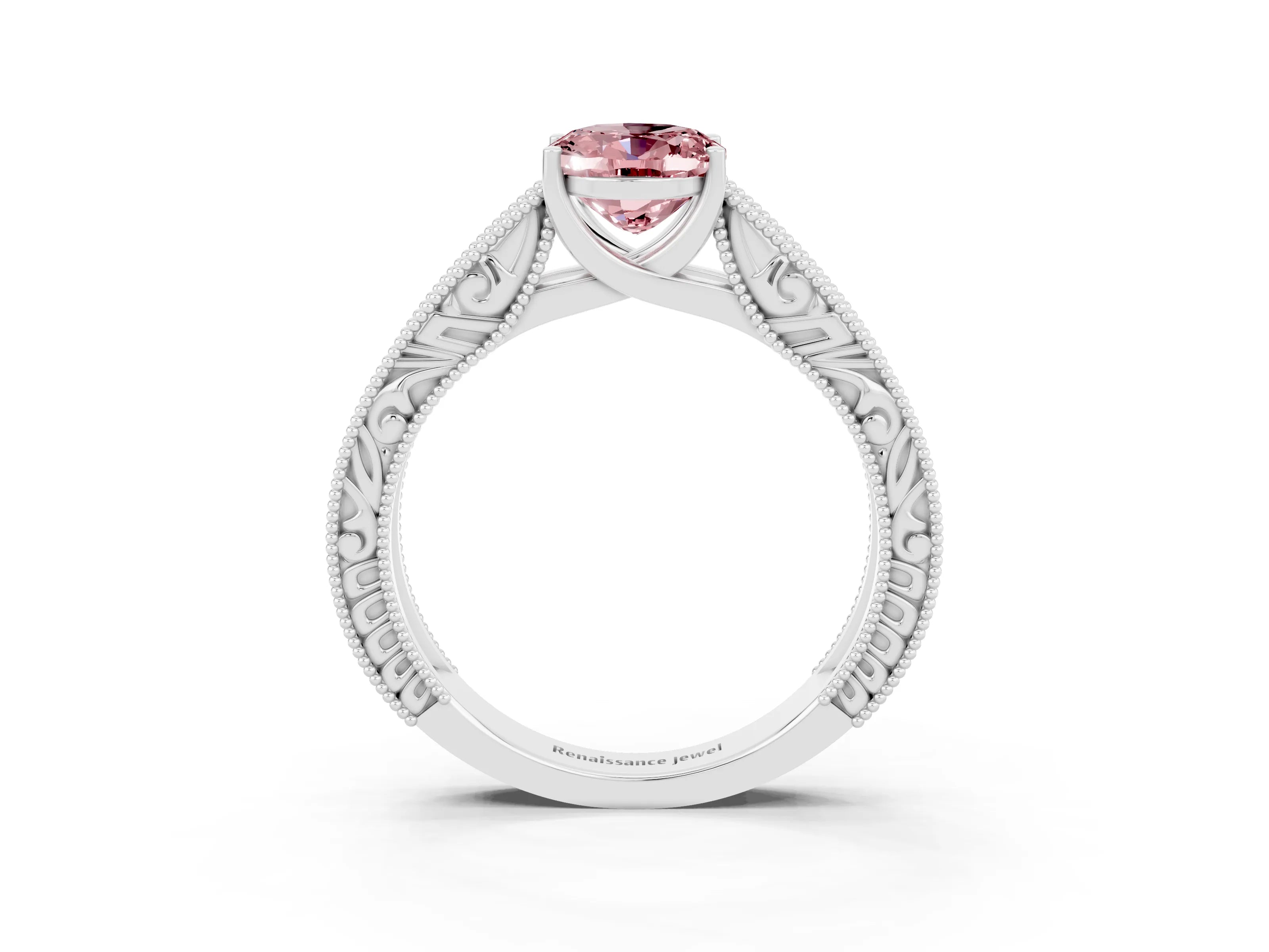 White gold Oval Cut Morganite Solitaire Ring with Engraved Band and Four-Prong Setting_3