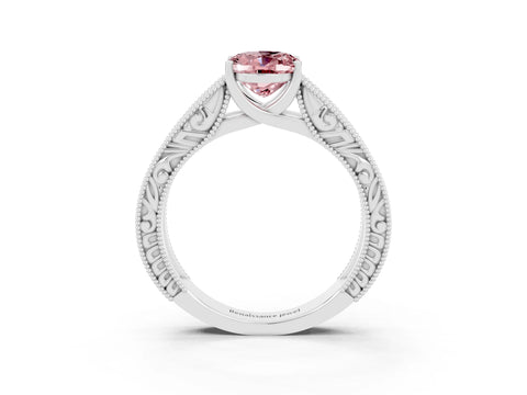 White gold Oval Cut Morganite Solitaire Ring with Engraved Band and Four-Prong Setting_3