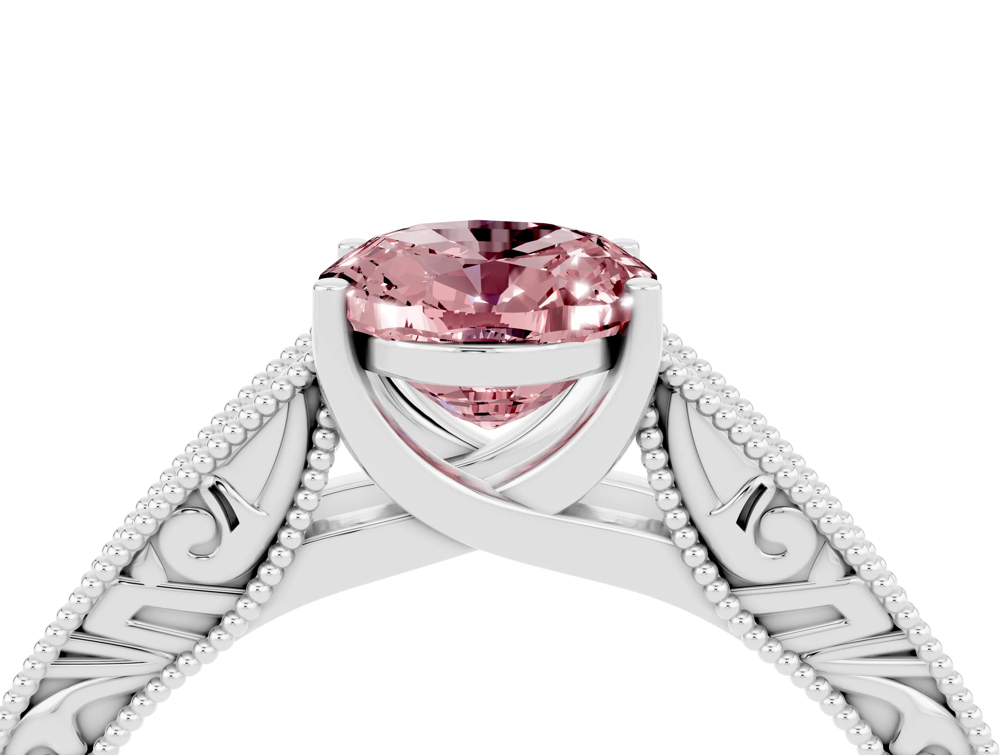 White gold Oval Cut Morganite Solitaire Ring with Engraved Band and Four-Prong Setting_4