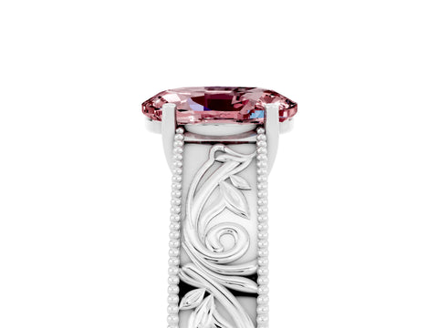 White gold Oval Cut Morganite Solitaire Ring with Engraved Band and Four-Prong Setting_5