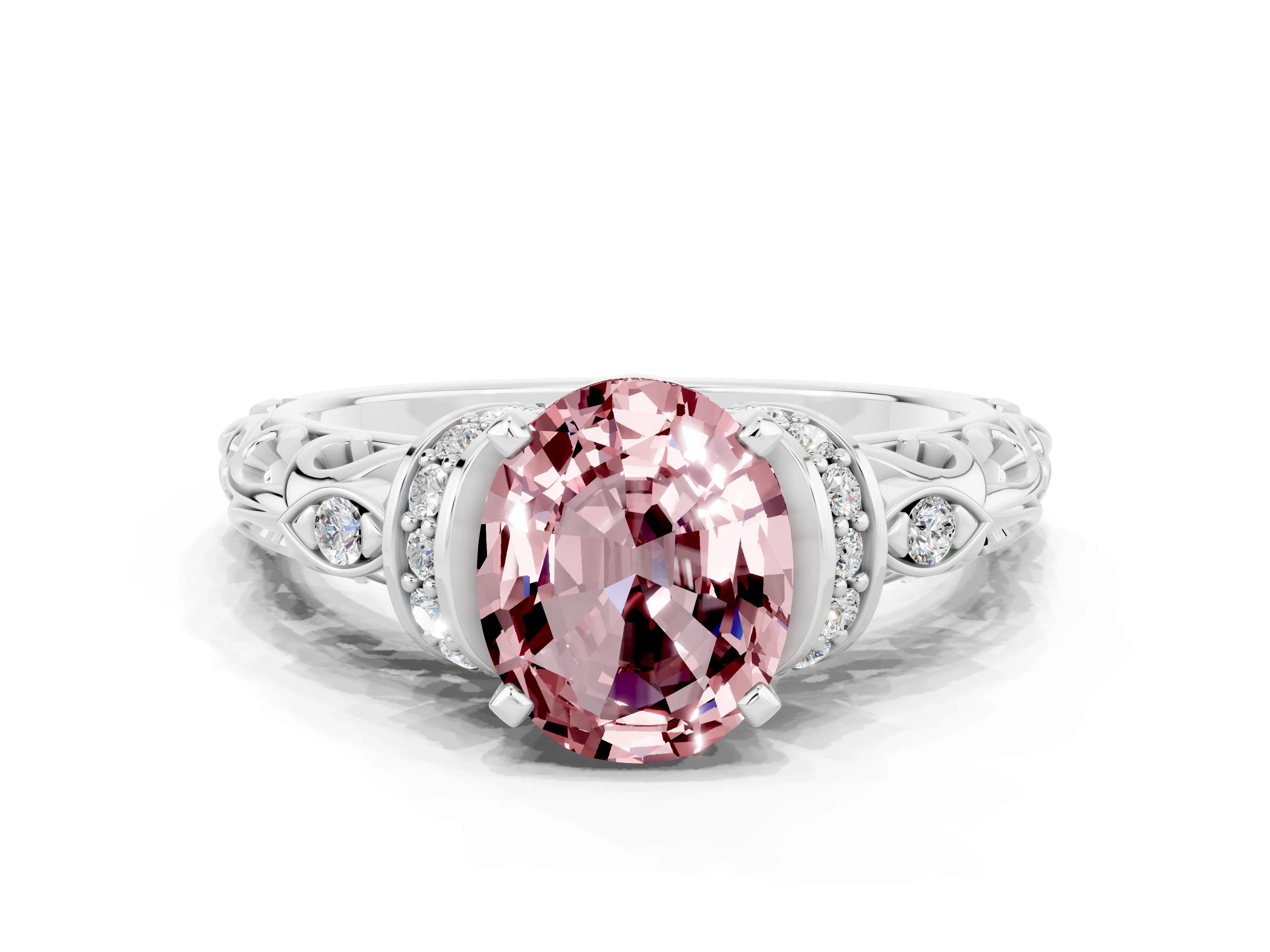 White gold Oval Cut Morganite Solitaire Ring with Filigree Band and Four-Prong Setting_24