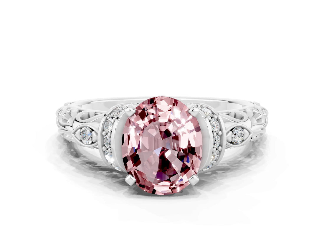 White gold Oval Cut Morganite Solitaire Ring with Filigree Band and Four-Prong Setting_24