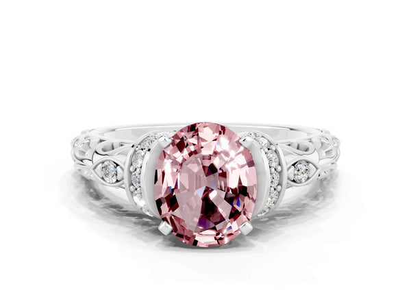 White gold Oval Cut Morganite Solitaire Ring with Filigree Band and Four-Prong Setting