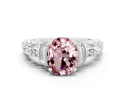 White gold Oval Cut Morganite Solitaire Ring with Filigree Band and Four-Prong Setting_24