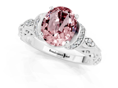 White gold Oval Cut Morganite Solitaire Ring with Filigree Band and Four-Prong Setting_25