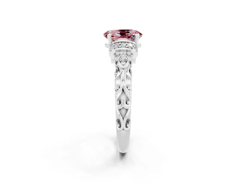 White gold Oval Cut Morganite Solitaire Ring with Filigree Band and Four-Prong Setting_26