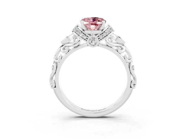 Platinum Oval Cut Morganite Solitaire Ring with Filigree Band and Four-Prong Setting