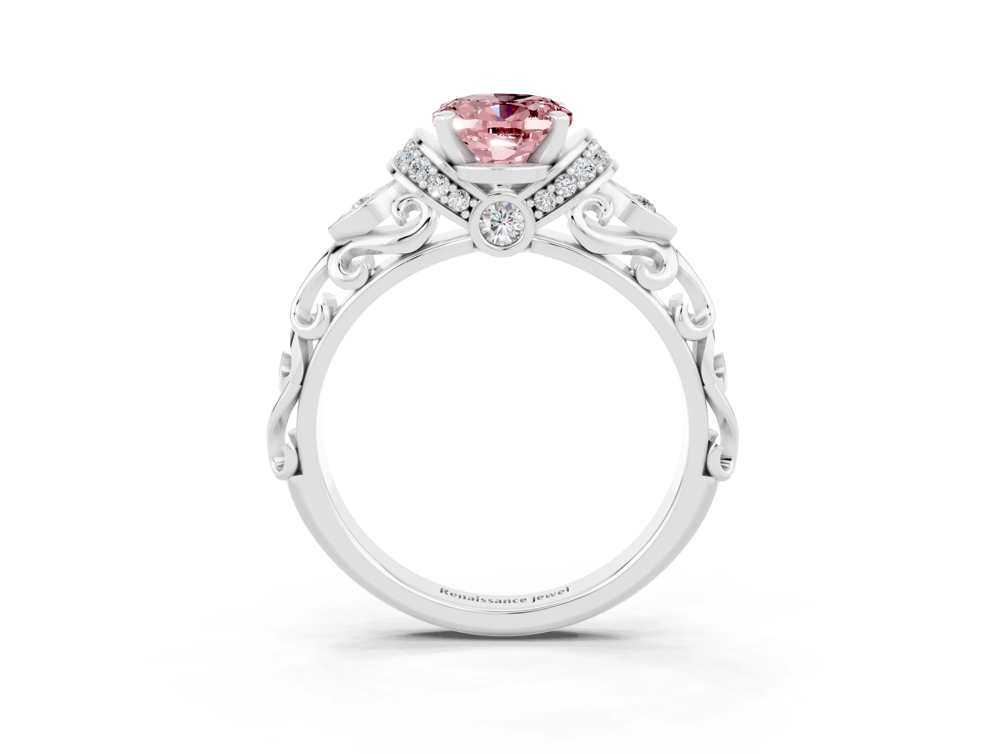 White gold Oval Cut Morganite Solitaire Ring with Filigree Band and Four-Prong Setting_27