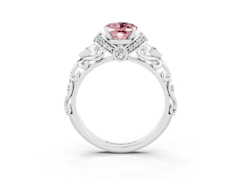 White gold Oval Cut Morganite Solitaire Ring with Filigree Band and Four-Prong Setting_27