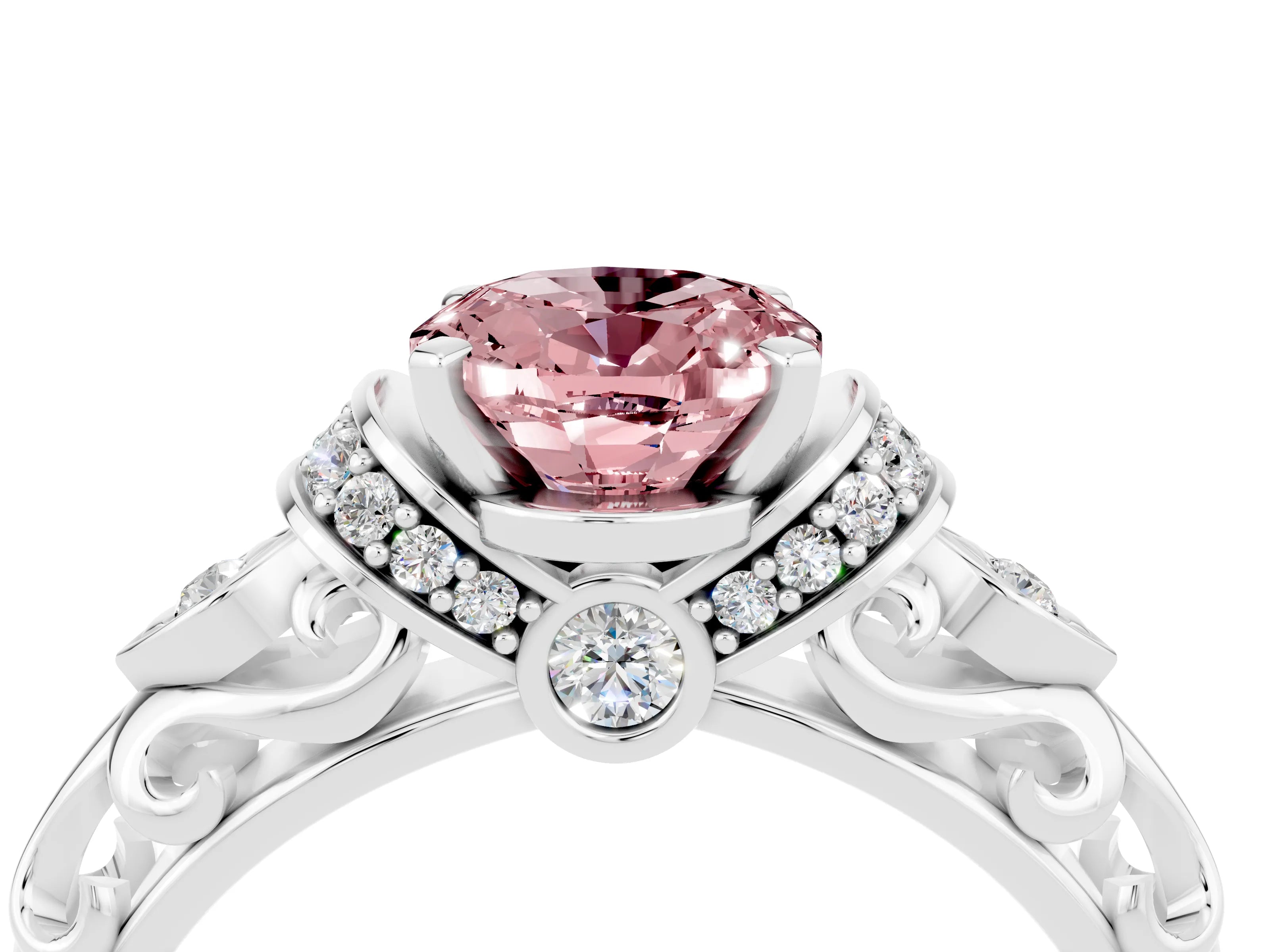 White gold Oval Cut Morganite Solitaire Ring with Filigree Band and Four-Prong Setting_28