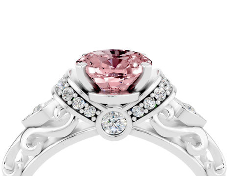 White gold Oval Cut Morganite Solitaire Ring with Filigree Band and Four-Prong Setting_28