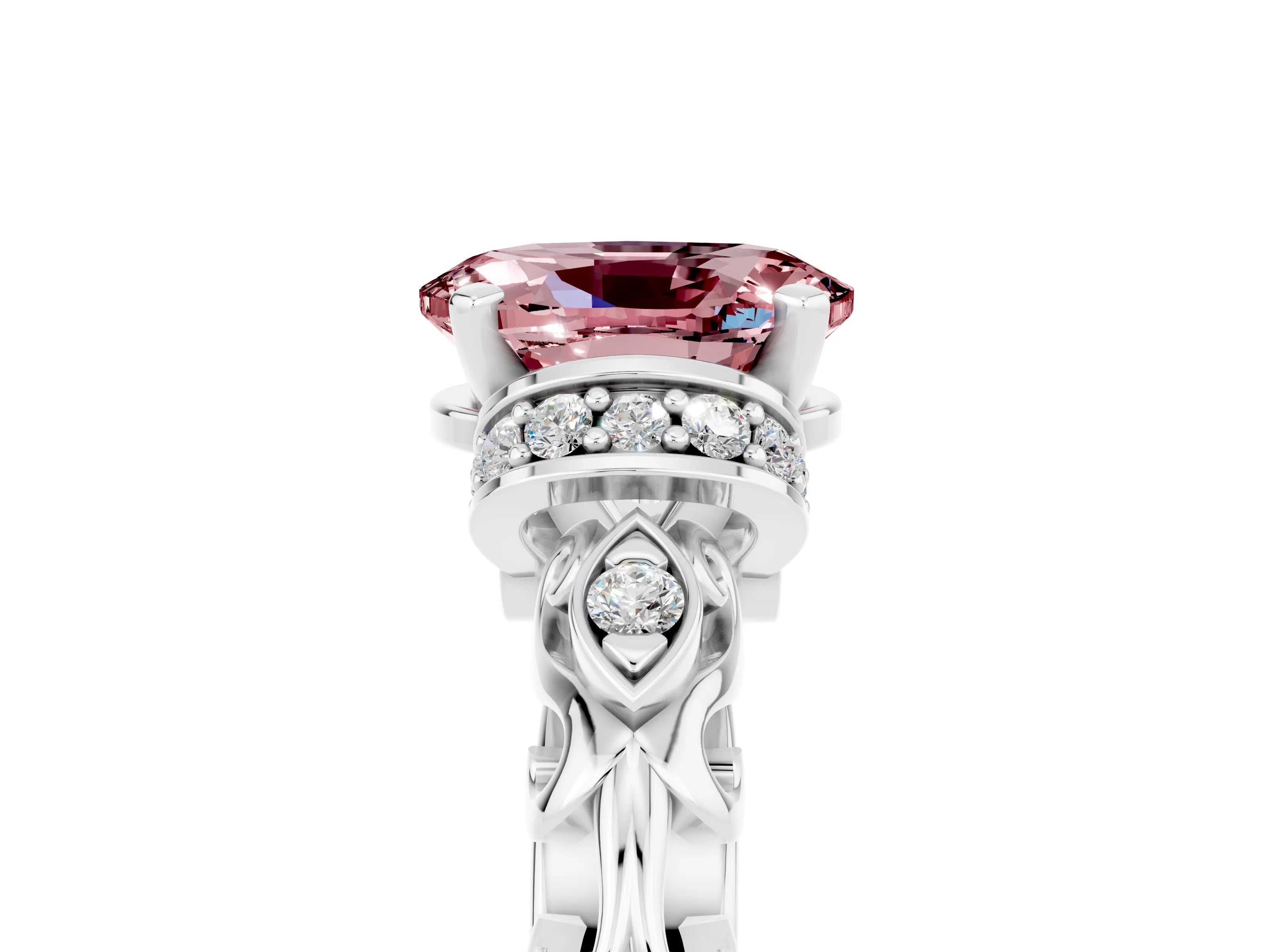 White gold Oval Cut Morganite Solitaire Ring with Filigree Band and Four-Prong Setting_29