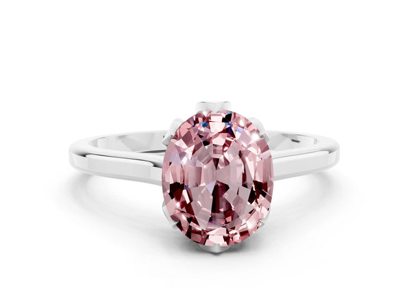 Platinum Oval Cut Morganite Solitaire Ring with Flower Prong Setting and Classic Band
