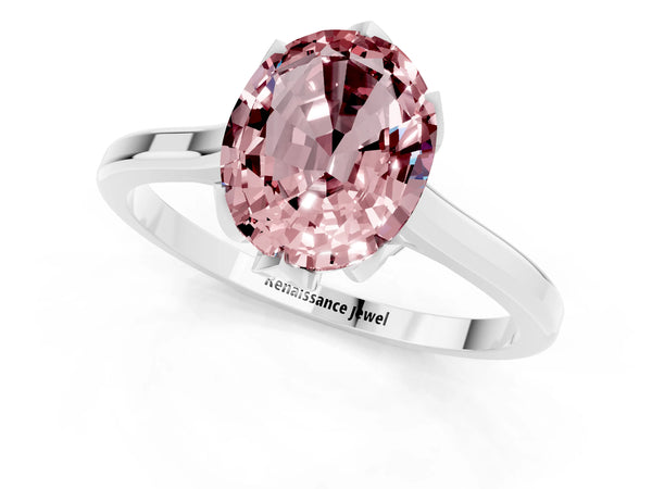 White gold Oval Cut Morganite Solitaire Ring with Flower Prong Setting and Classic Band