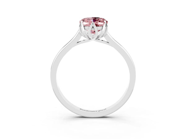 Platinum Oval Cut Morganite Solitaire Ring with Flower Prong Setting and Classic Band