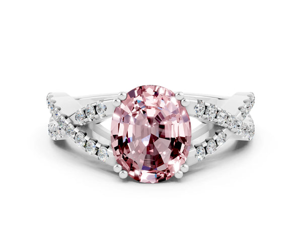 Platinum Oval Cut Morganite Solitaire Ring with Four-Prong Setting and Twisted Pavé Band