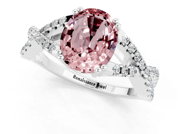 Silver Oval Cut Morganite Solitaire Ring with Four-Prong Setting and Twisted Pavé Band