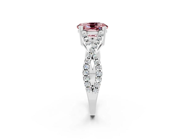 Silver Oval Cut Morganite Solitaire Ring with Four-Prong Setting and Twisted Pavé Band