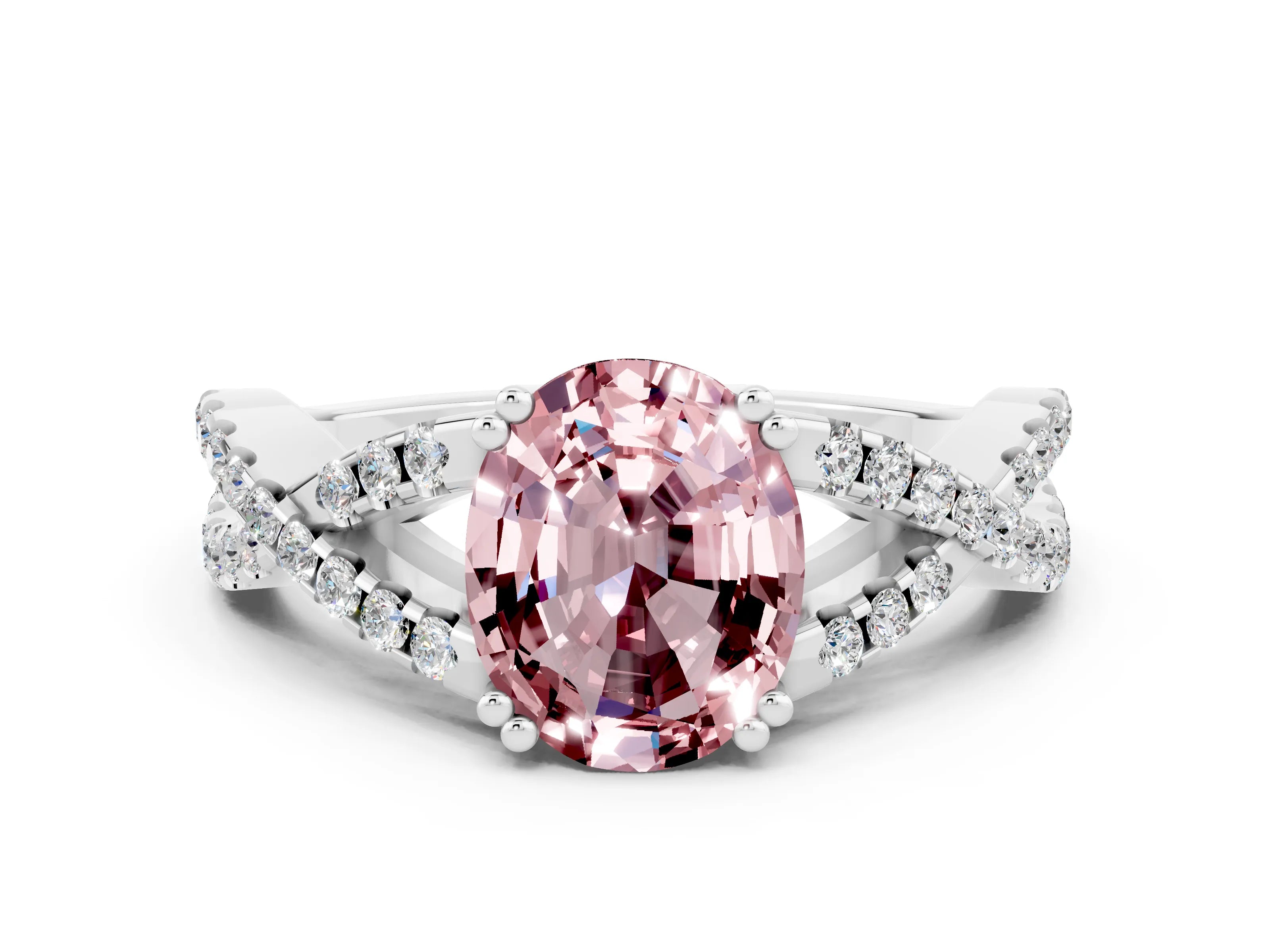 White gold Oval Cut Morganite Solitaire Ring with Four-Prong Setting and Twisted Pavé Band