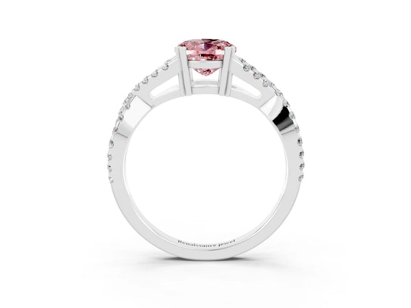 Silver Oval Cut Morganite Solitaire Ring with Four-Prong Setting and Twisted Pavé Band