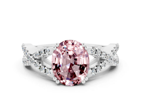 White gold Oval Cut Morganite Solitaire Ring with Four-Prong Setting and Twisted Pavé Band