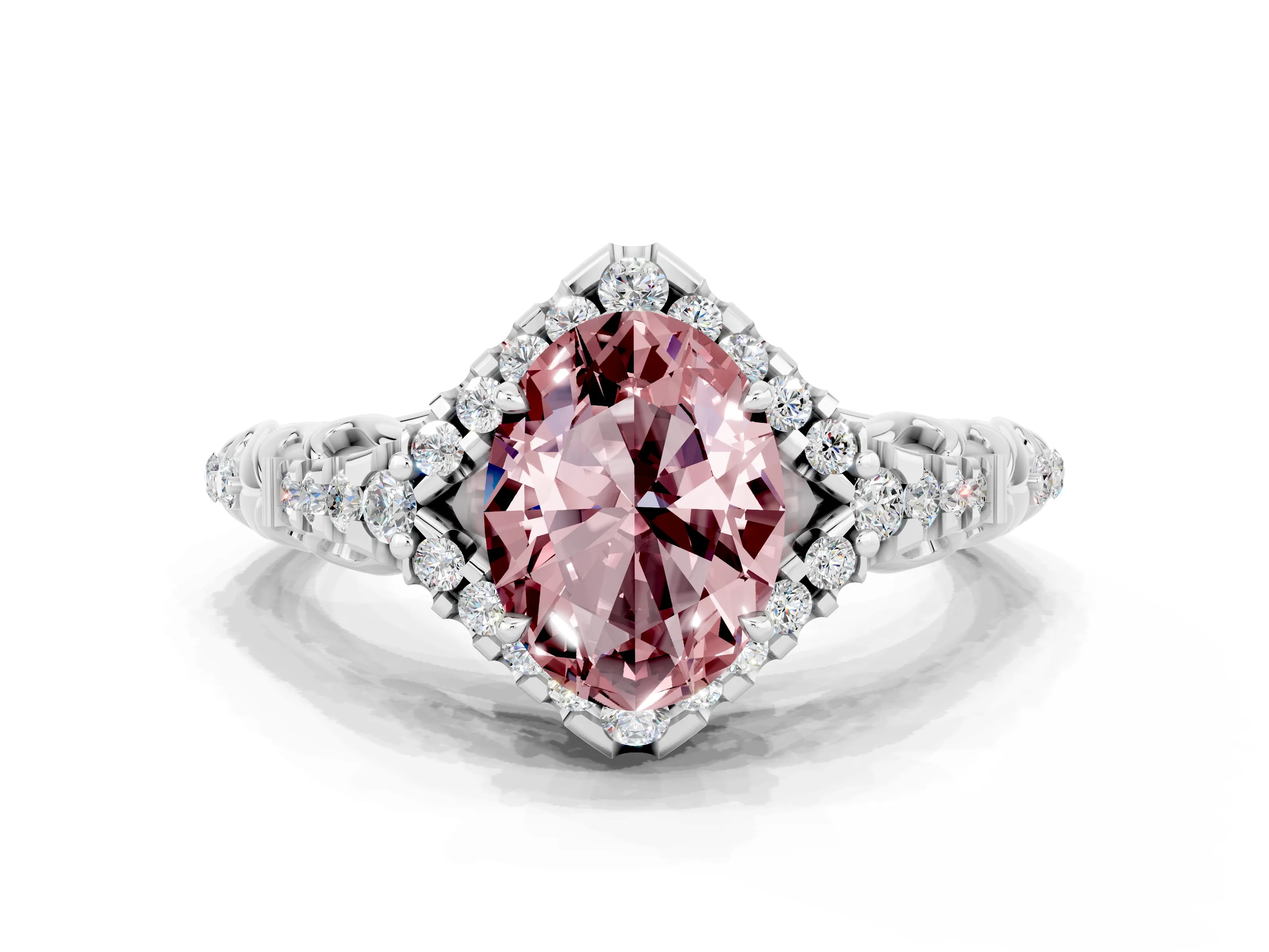 White gold Oval Cut Morganite Solitaire Ring with Hidden Halo and Pavé Band_12