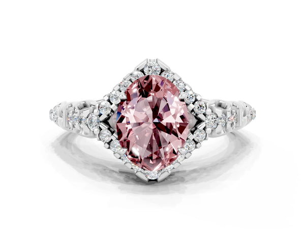 White gold Oval Cut Morganite Solitaire Ring with Hidden Halo and Pavé Band