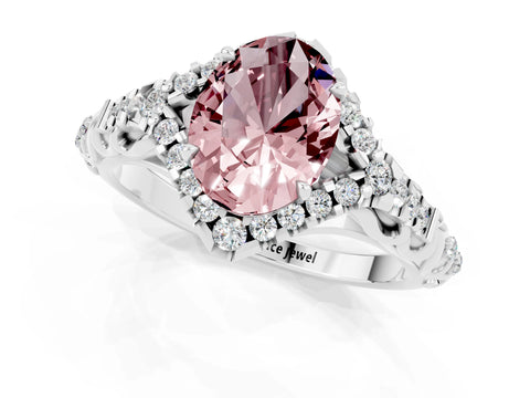 White gold Oval Cut Morganite Solitaire Ring with Hidden Halo and Pavé Band_13