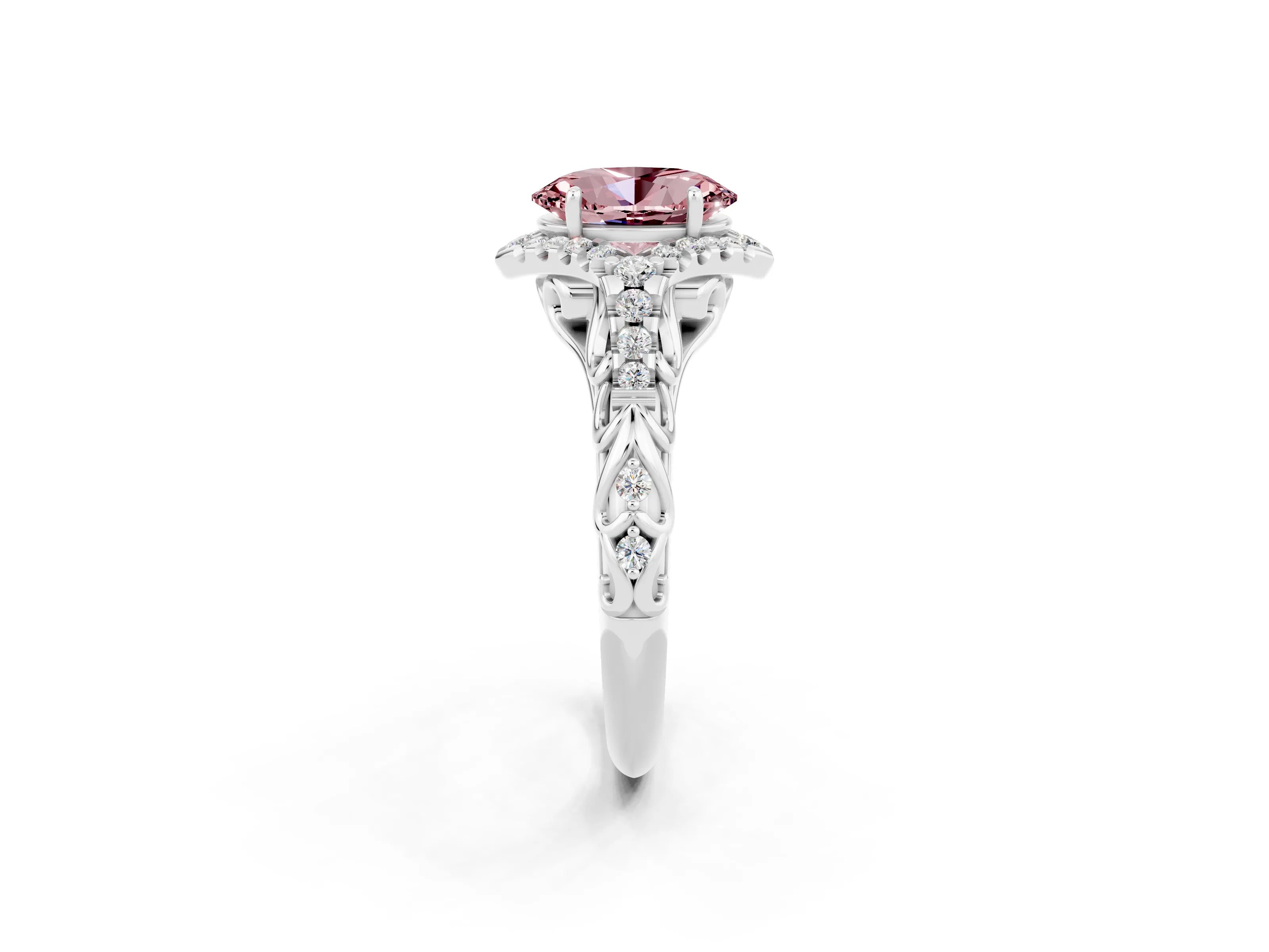 White gold Oval Cut Morganite Solitaire Ring with Hidden Halo and Pavé Band_14
