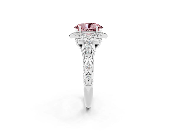 Silver Oval Cut Morganite Solitaire Ring with Hidden Halo and Pavé Band