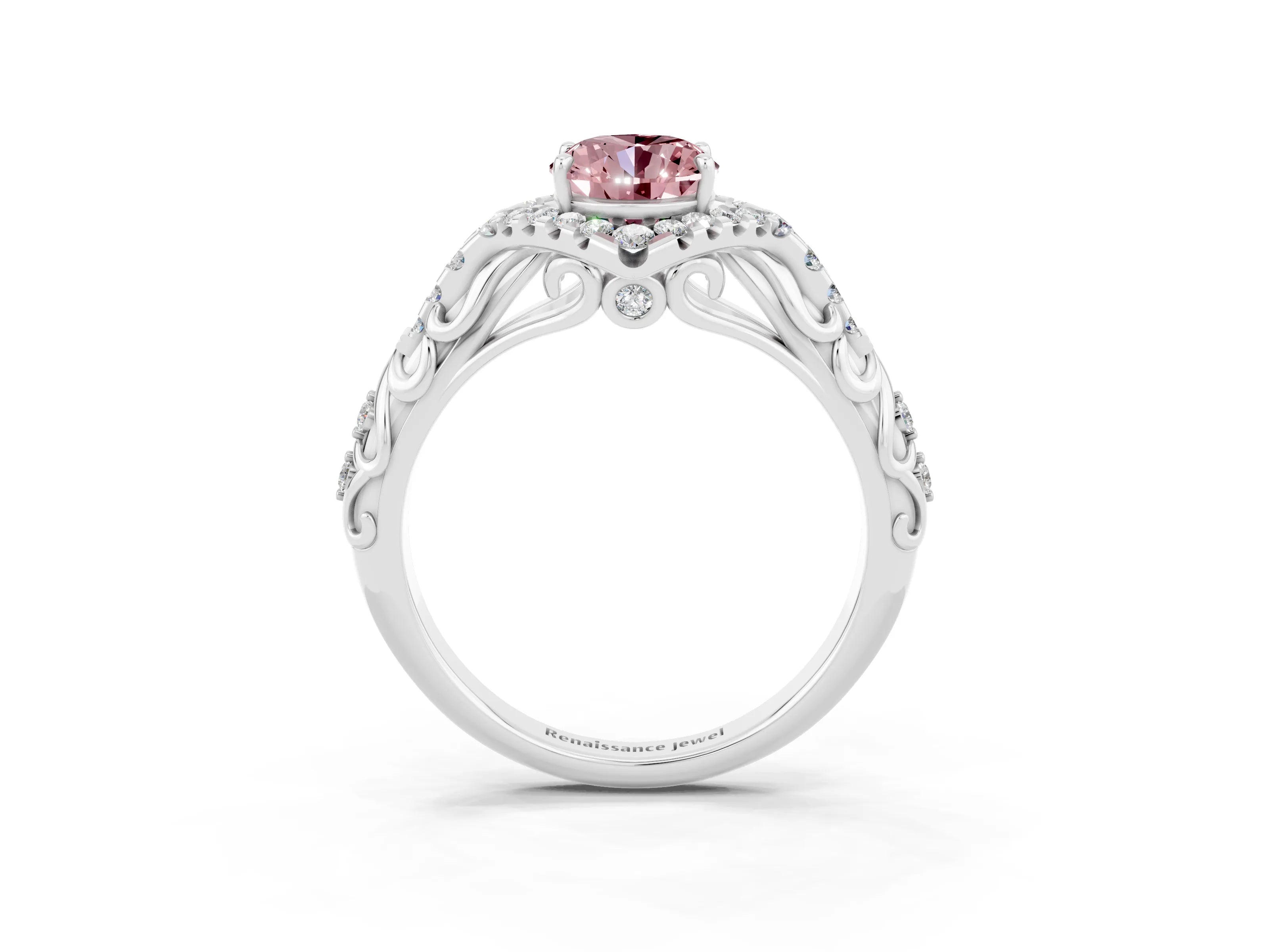 White gold Oval Cut Morganite Solitaire Ring with Hidden Halo and Pavé Band_15