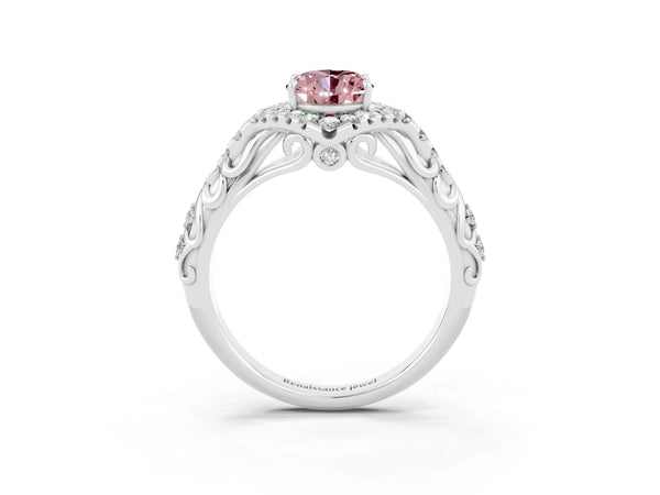 White gold Oval Cut Morganite Solitaire Ring with Hidden Halo and Pavé Band
