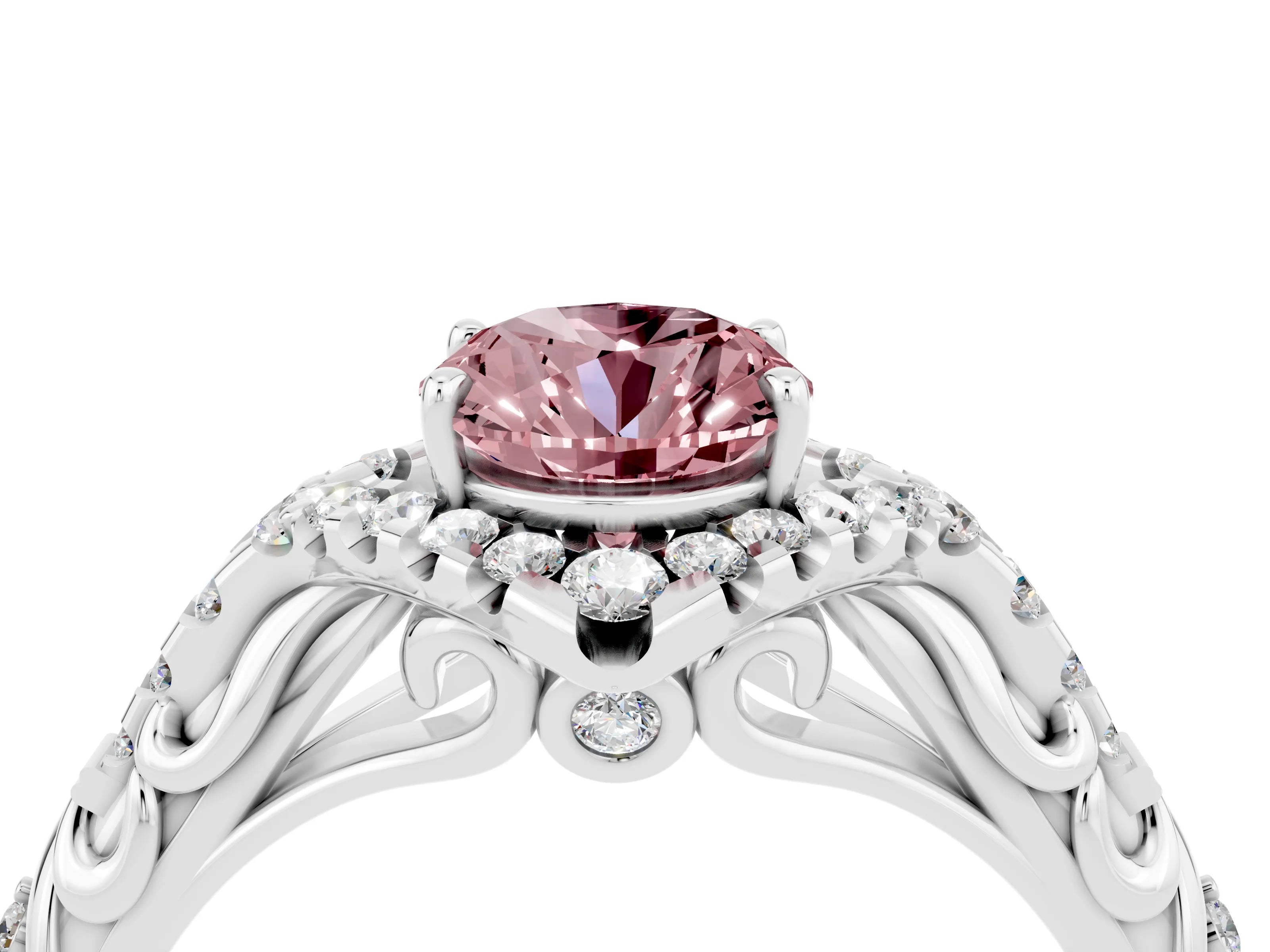 White gold Oval Cut Morganite Solitaire Ring with Hidden Halo and Pavé Band_16