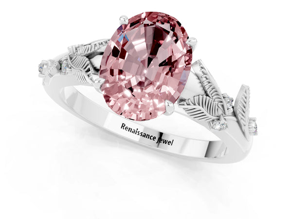 White gold Oval Cut Morganite Solitaire Ring with Leaf Motif Band and Four-Prong Setting