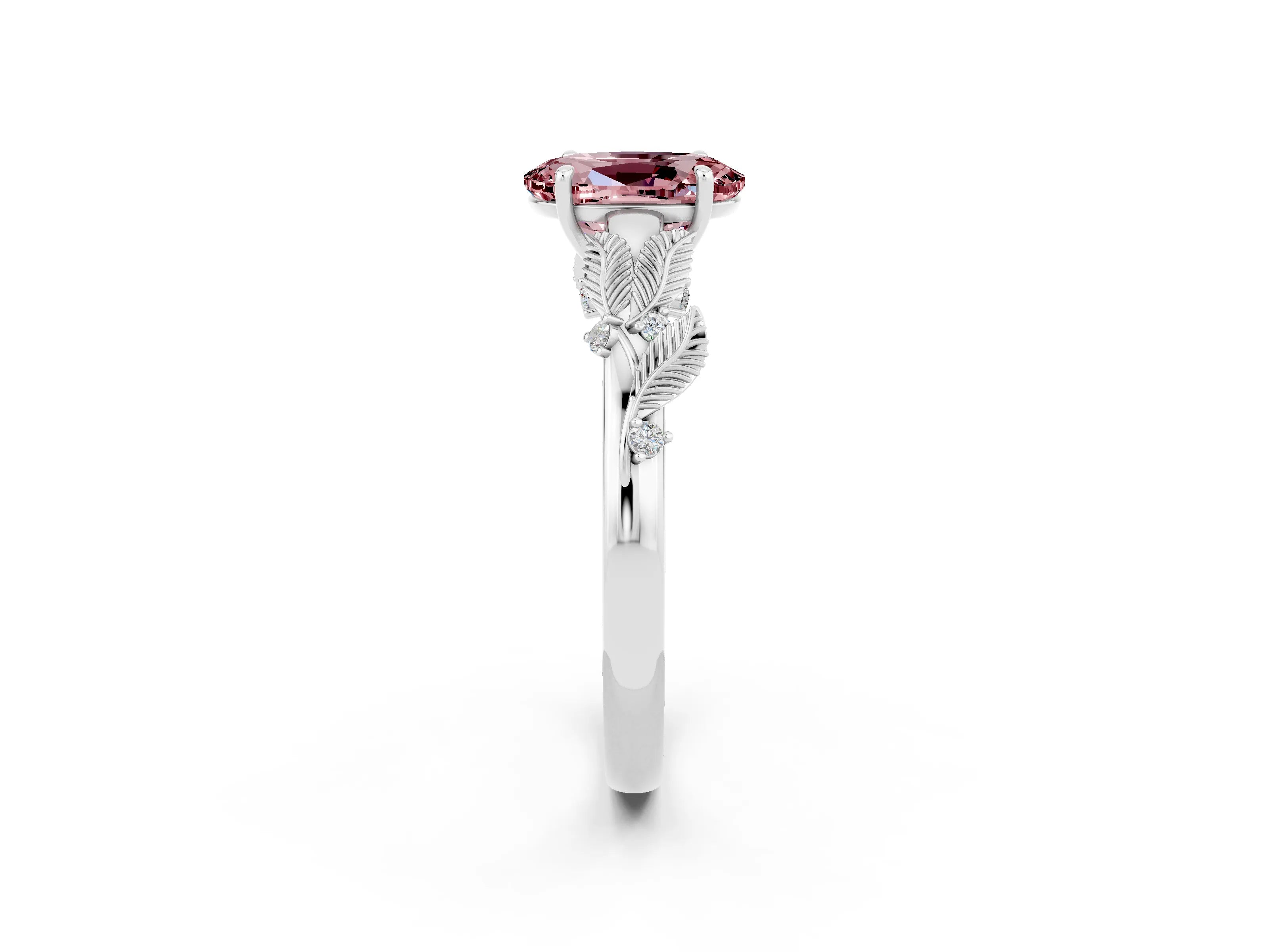 White gold Oval Cut Morganite Solitaire Ring with Leaf Motif Band and Four-Prong Setting_14