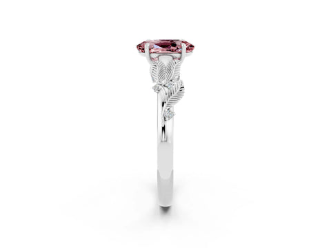 White gold Oval Cut Morganite Solitaire Ring with Leaf Motif Band and Four-Prong Setting_14