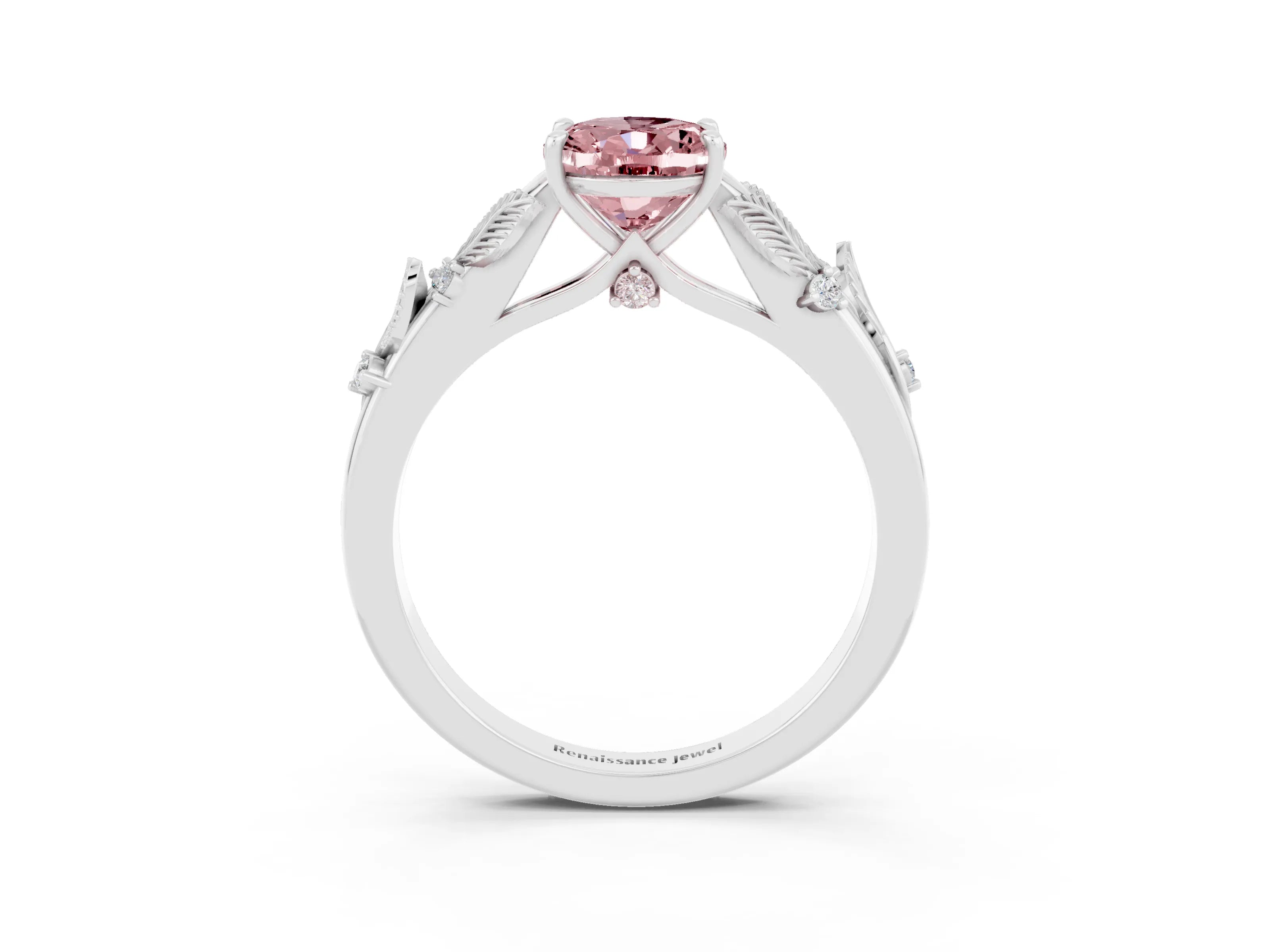 White gold Oval Cut Morganite Solitaire Ring with Leaf Motif Band and Four-Prong Setting_3