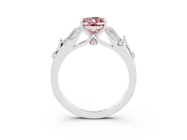 Platinum Oval Cut Morganite Solitaire Ring with Leaf Motif Band and Four-Prong Setting